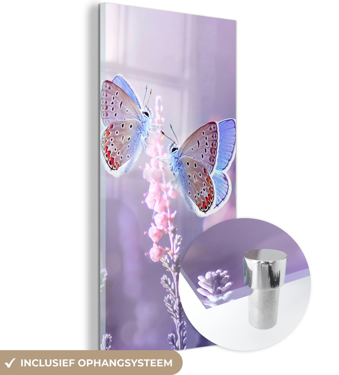 Glasschilderij - Foto op glas - Vlinder - Lavendel - Bloemen - Zon - Insecten - 20x40 cm - Acrylverf - Glasschilderij vlinders - Glasschilderij bloemen - Schilderij glas - Muurdecoratie