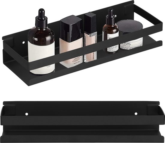 Zwarte metalen doucheplank met dubbele rand, gevuld met cosmetica, en een losse plank.