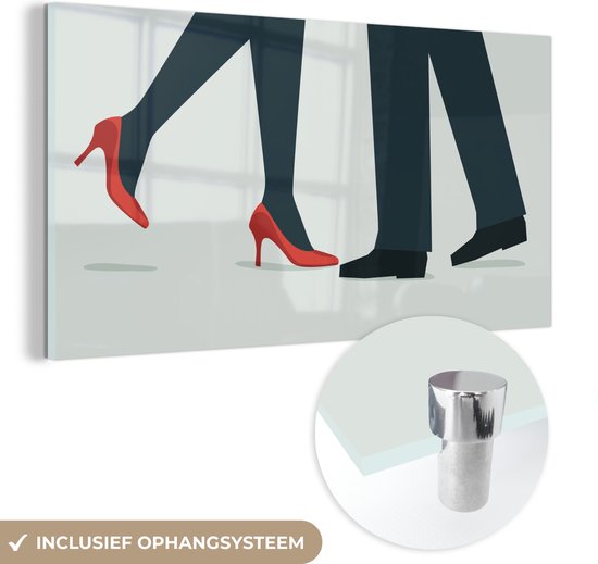 MuchoWow® Glasschilderij 160x80 cm - Schilderij acrylglas - Illustratie van rode hakken en zwarte schoenen - Foto op glas - Schilderijen