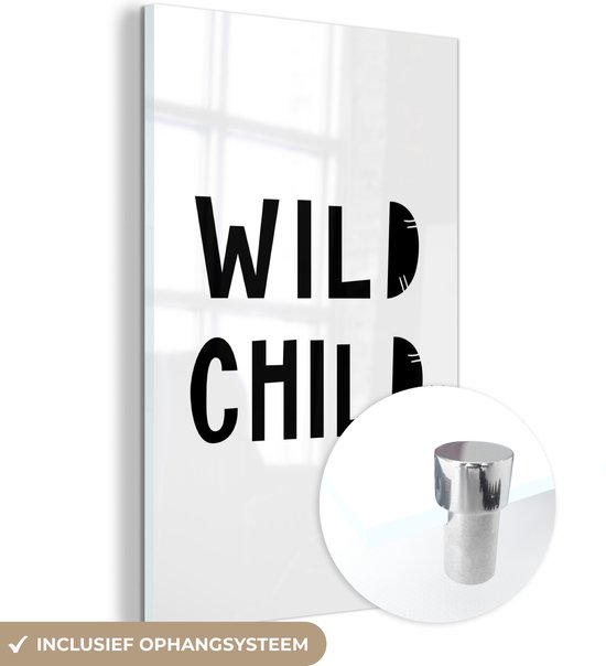 MuchoWow® Glasschilderij 20x30 cm - Schilderij acrylglas - Kinderillustratie met een quote 'Wild child' op een witte achtergrond - Foto op glas - Schilderijen