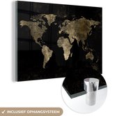 Peinture sur verre - Carte du Wereldkaart - Zwart - Or - 90x60 cm - Peintures en plexiglas