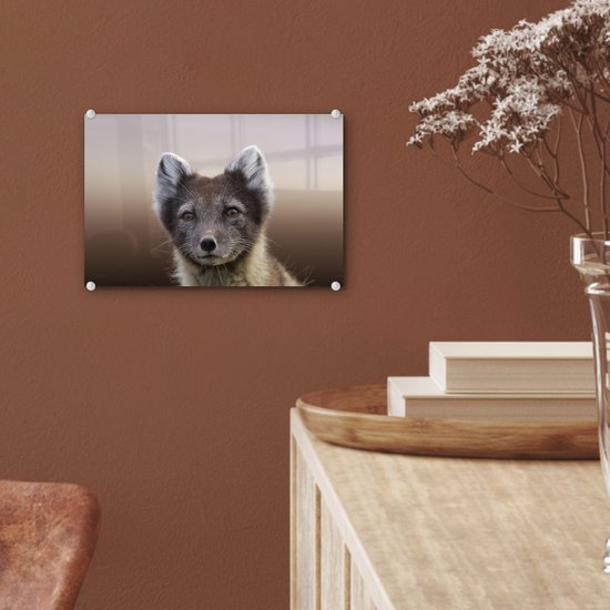 MuchoWow® Glasschilderij 30x20 cm - Schilderij acrylglas - Vos - Welp - Vacht - Foto op glas - Schilderijen
