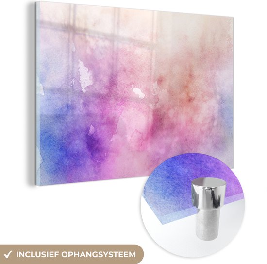 MuchoWow® Glasschilderij 60x40 cm - Schilderij acrylglas - Waterverf - Roze - Blauw - Tint - Foto op glas - Schilderijen