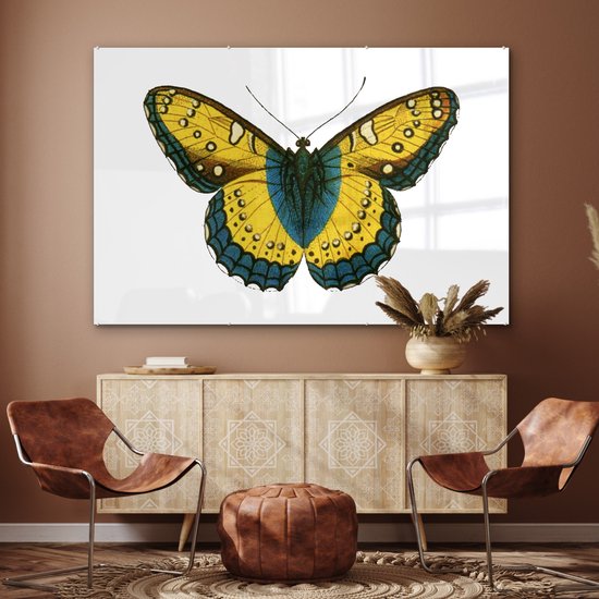MuchoWow® Glasschilderij 180x120 cm - Schilderij acrylglas - Vintage - Vlinder - Geel - Foto op glas - Schilderijen