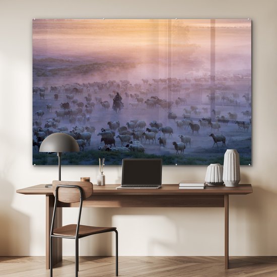 Peinture sur verre - Herder sur un chevalet entre troupeau de moutons dans le brouillard - 180x120 cm - Peintures sur Verre Peintures - Photo sur Glas