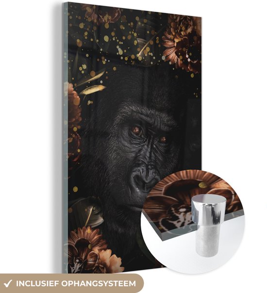 MuchoWow® Glasschilderij 80x120 cm - Schilderij acrylglas - Gorilla - Bloemen - Goud - Foto op glas - Schilderijen