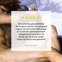 Recensie van een glazen schilderij: 'prachtig', 'heldere kleuren', 'luxe glans', 'ophangsysteem'.