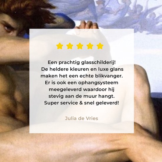Recensie van een glazen schilderij: 'prachtig', 'heldere kleuren', 'luxe glans', 'ophangsysteem'.