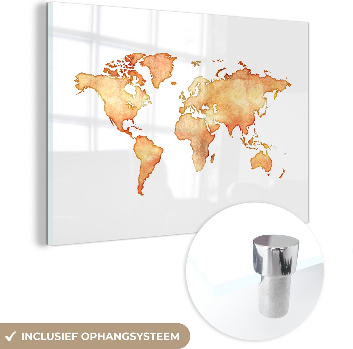 ® Glasschilderij 30x20 cm - Schilderij acrylglas - Wereldkaart - Oranje - Waterverf - Foto op glas - Muurdecoratie woonkamer - Wanddecoratie slaapkamer - Schilderijen
