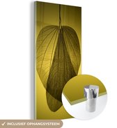 MuchoWow® Glasschilderij 20x40 cm - Schilderij acrylglas - Bladskelet van meerdere botanische bladeren op een gele achtergrond - Foto op glas - Schilderijen