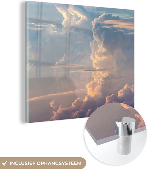 MuchoWow® Glasschilderij 90x90 cm - Schilderij acrylglas - De zon zorgt voor kleurrijke wolken - Foto op glas - Schilderijen