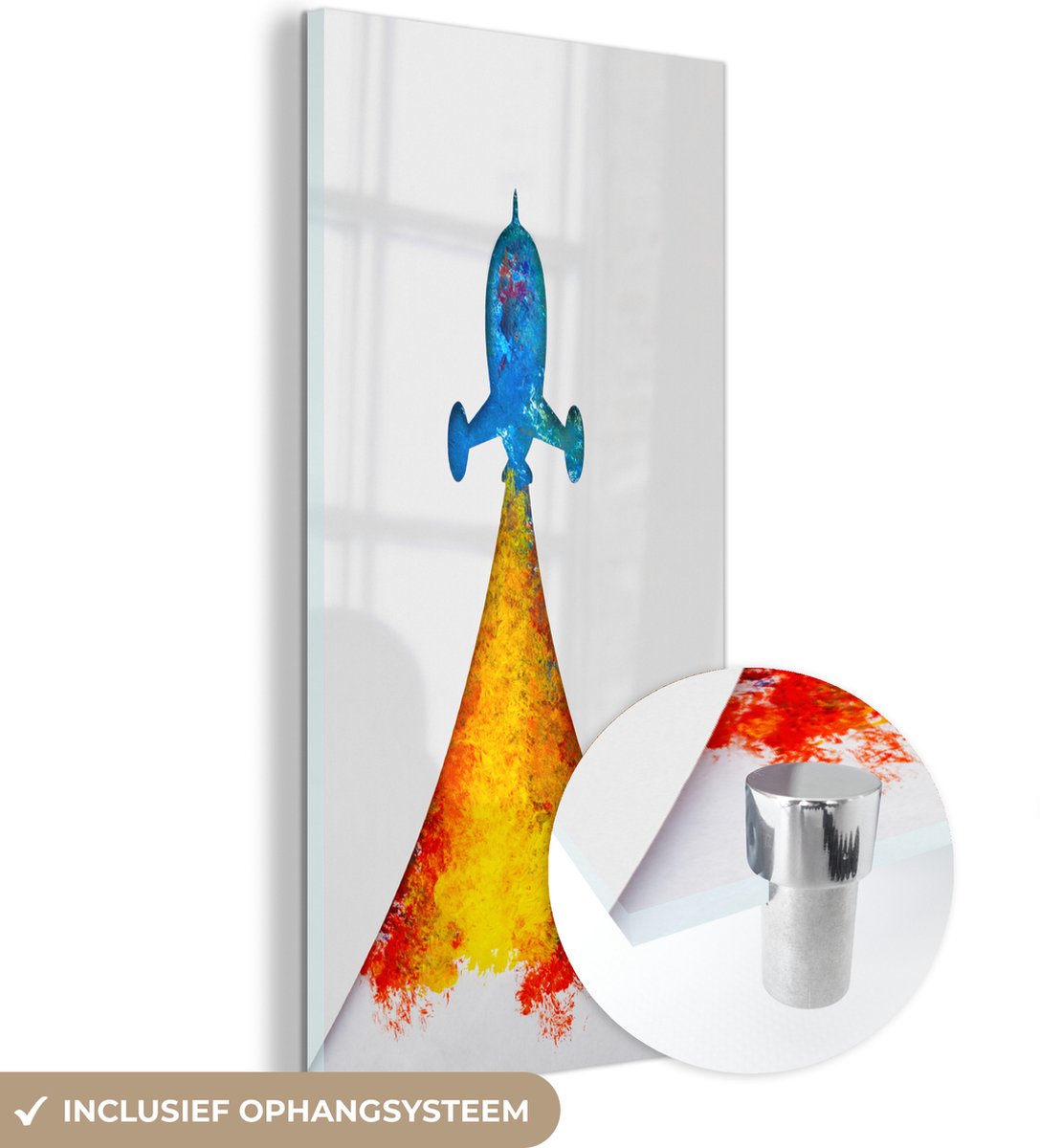® Glasschilderij 40x80 cm - Schilderij acrylglas - Illustratie - Raket - Kinderen - Verf -
