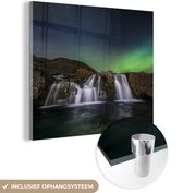 MuchoWow® Glasschilderij 90x90 cm - Schilderij acrylglas - Noorderlicht - Waterval - IJsland - Natuur - Foto op glas - Schilderijen