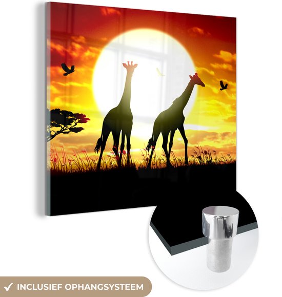 Glasschilderij - Afrikaanse giraffen tegen de zon - Plexiglas Schilderijen