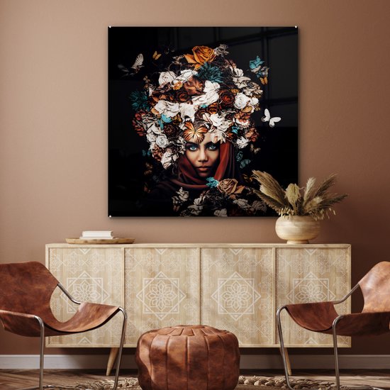 Peinture sur Verre - Fleurs - Papillon - Femmes - Foulard - 90x90 cm - Peintures sur Verre Peintures - Photo sur Glas