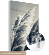 MuchoWow® Glasschilderij 120x160 cm - Schilderij acrylglas - Pampasgras - Zwart - Wit - Natuur - Foto op glas - Schilderijen