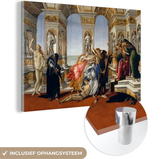 MuchoWow® Glasschilderij 180x120 cm - Schilderij acrylglas - De laster van Apelles- schilderij van Sandro Botticelli - Foto op glas - Schilderijen