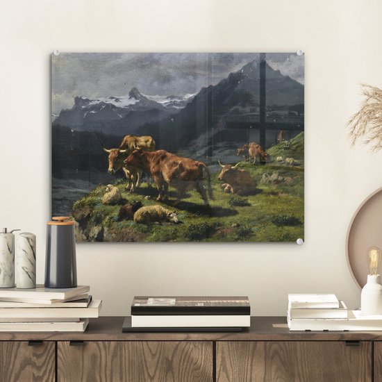 MuchoWow® Glasschilderij 40x30 cm - Schilderij acrylglas - Runderen en schapen in een alpenlandschap - schilderij van Rosa Bonheur - Foto op glas - Schilderijen