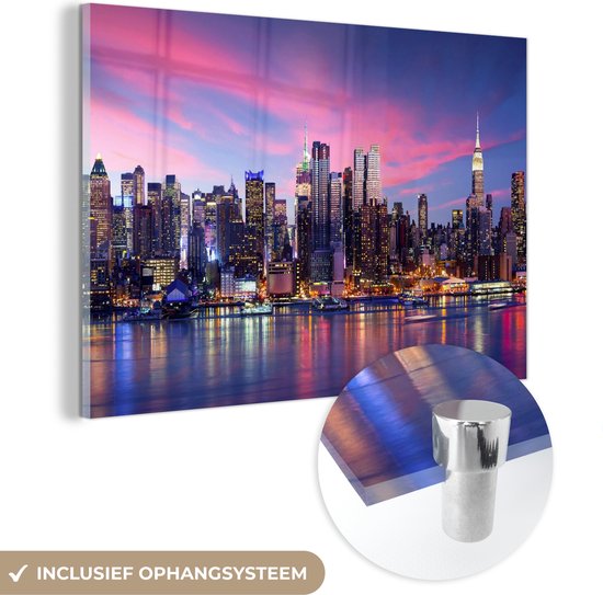 MuchoWow® Glasschilderij - Skyline - Water - Roze - New York - Acrylglas Schilderijen - Foto op Glas