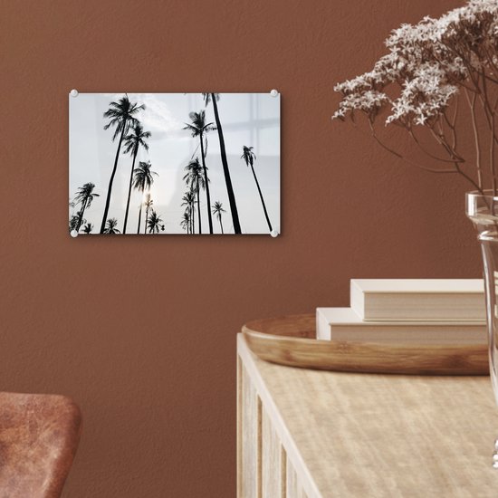 MuchoWow® Glasschilderij 30x20 cm - Schilderij acrylglas - Palmbomen - Zomer - Tropisch - Foto op glas - Schilderijen