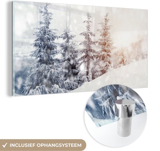 MuchoWow® Glasschilderij 80x40 cm - Schilderij acrylglas - Boom - Sneeuw - Winter - Foto op glas - Schilderijen