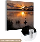 MuchoWow® Glasschilderij 20x20 cm - Schilderij acrylglas - Zwaan - Water - Zonsondergang - Foto op glas - Schilderijen