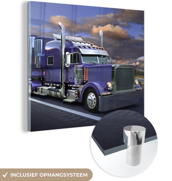 Glasschilderij - Vrachtwagen - Paars - Wolken - Plexiglas Schilderijen