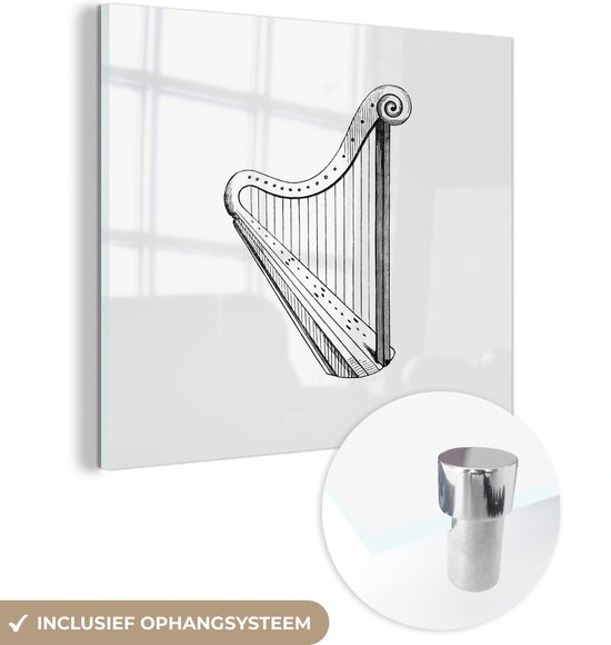 MuchoWow® Glasschilderij 90x90 cm - Schilderij acrylglas - Retro - Harp - Muziek - Foto op glas - Schilderijen