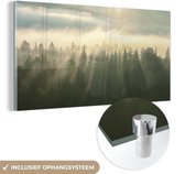 MuchoWow® Glasschilderij 80x40 cm - Schilderij acrylglas - Bos - Mist - Zon - Foto op glas - Schilderijen