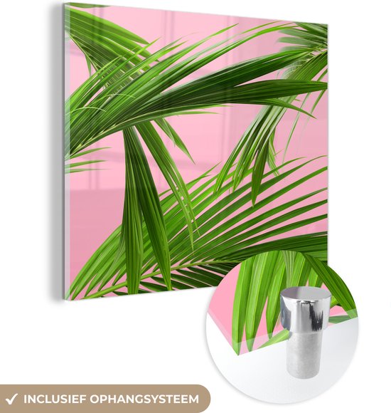 MuchoWow® Glasschilderij 50x50 cm - Schilderij acrylglas - Palmbladeren - Roze - Tropisch - Foto op glas - Schilderijen