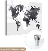 MuchoWow® Glasschilderij 40x30 cm - Schilderij acrylglas - Wereldkaart - Waterverf - Zwart - Wit - Foto op glas - Schilderijen