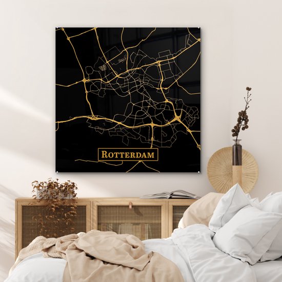 Peinture sur Verre - Carte - Rotterdam - Zwart - Or - 90x90 cm - Peintures sur Verre Peintures - Photo sur Glas