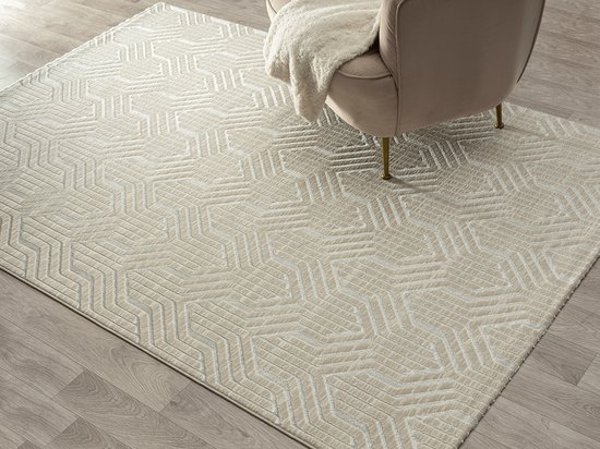 the carpet Vloerkleed Mila modern tapijt woonkamer, elegant glanzend kortpolig woonkamer tapijt in crème met geometrisch patroon, tapijt 80 x 300 cm