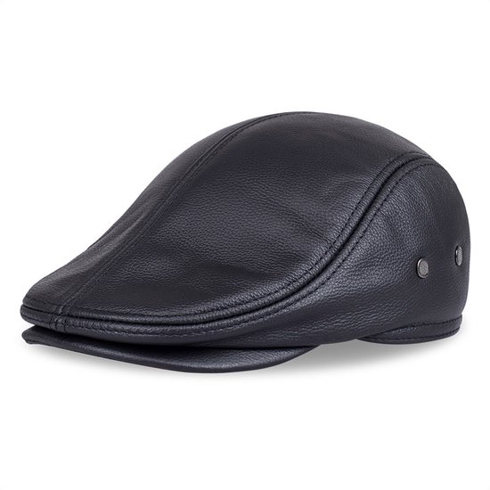 Flatcap met oorflap – Platte pet – Echt Leer – Zwart maat 56