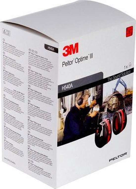 Doos van 3M Peltor Optime III gehoorbescherming met afbeeldingen.