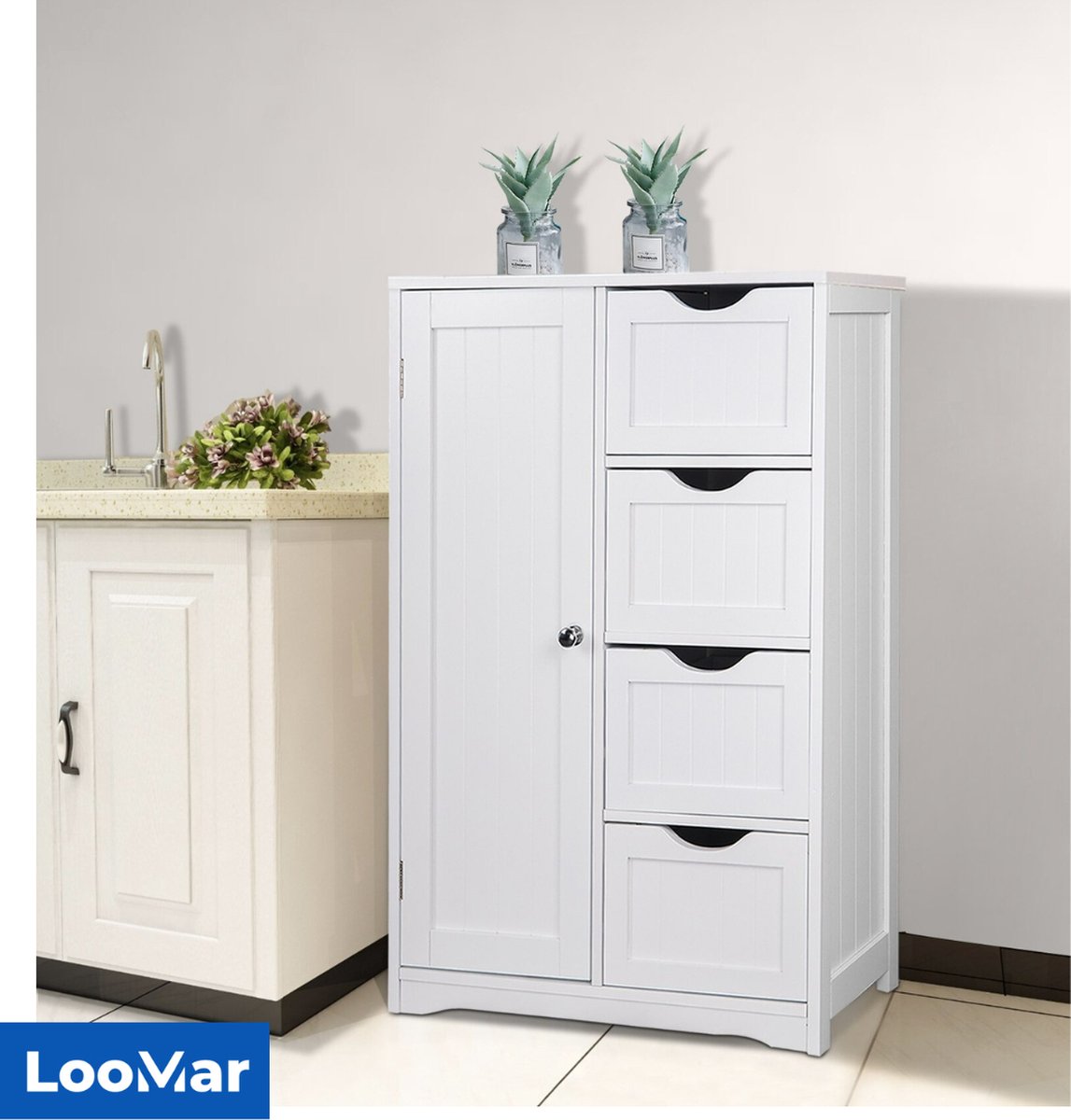 LooMar Badkamerkast Hoog- Badkamermeubel - Badkamerrek - MDF - Wit - Badkamer Kast