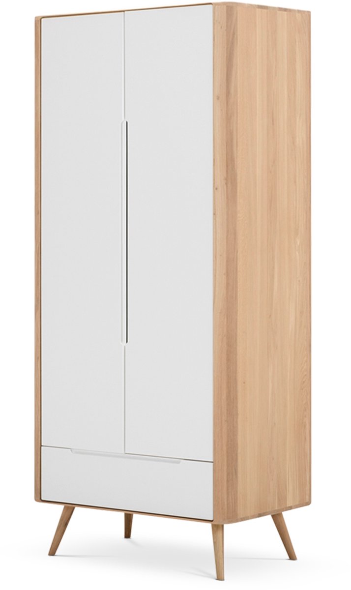 Gazzda Ena Wardrobe Whitewash - Garderobekast - Hout - Massief Eikenhout - 2 Deurs - met Lade - met Roede - Kledingkast - 90 x 45 x 200 cm