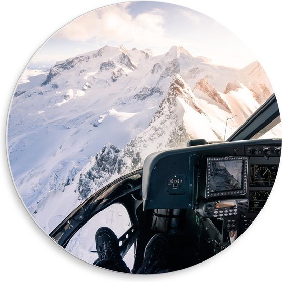 PVC Schuimplaat Muurcirkel - Uitzicht op Besneeuwde Bergen en Bedieningstoestel vanuit Helikopter - 50x50 cm Foto op Muurcirkel (met ophangsysteem)