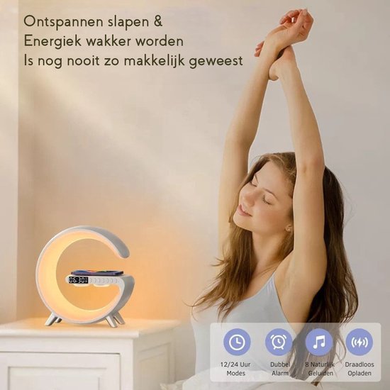 G-Light - Wake-up Light - Bureaulamp LED - Wekker - Lichtwekker - Bluetooth Speaker - Draadloos Oplader - Digitale Wekkerradio - Led Light - Sfeerlamp - Nachtlamp - Google Home & Alexa - Zwart — afbeelding 3