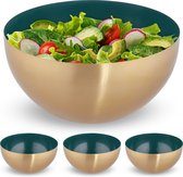Relaxdays 4x saladeschaal - 3,5 liter - groen-goud - slakom - mengkom - Ø 25cm - rvs