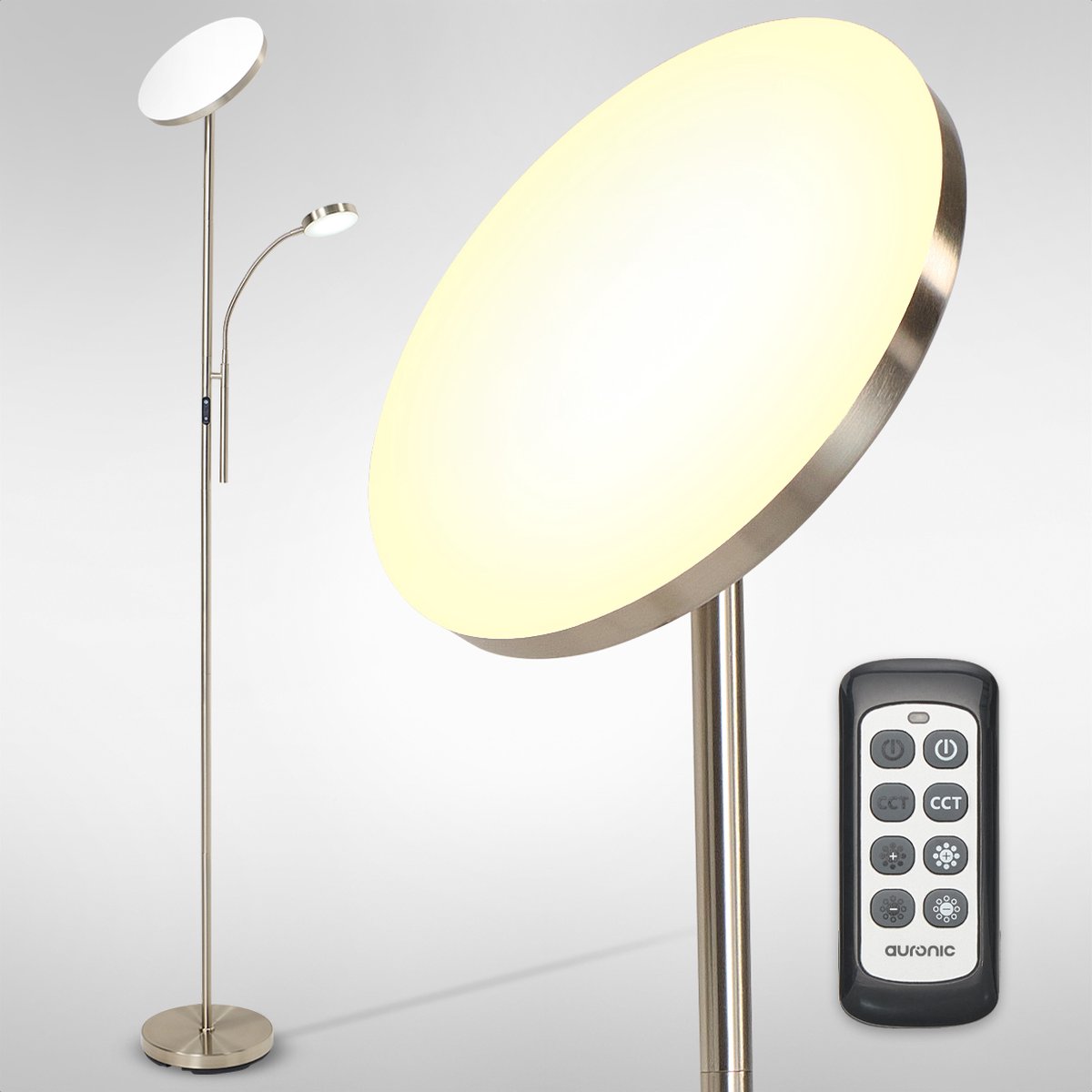 Auronic Vloerlamp - Staande Lamp Industrieel - 181cm - LED - Dimbaar en Kantelbaar - met Afstandsbediening - Geschikt voor Woonkamer - Zilver