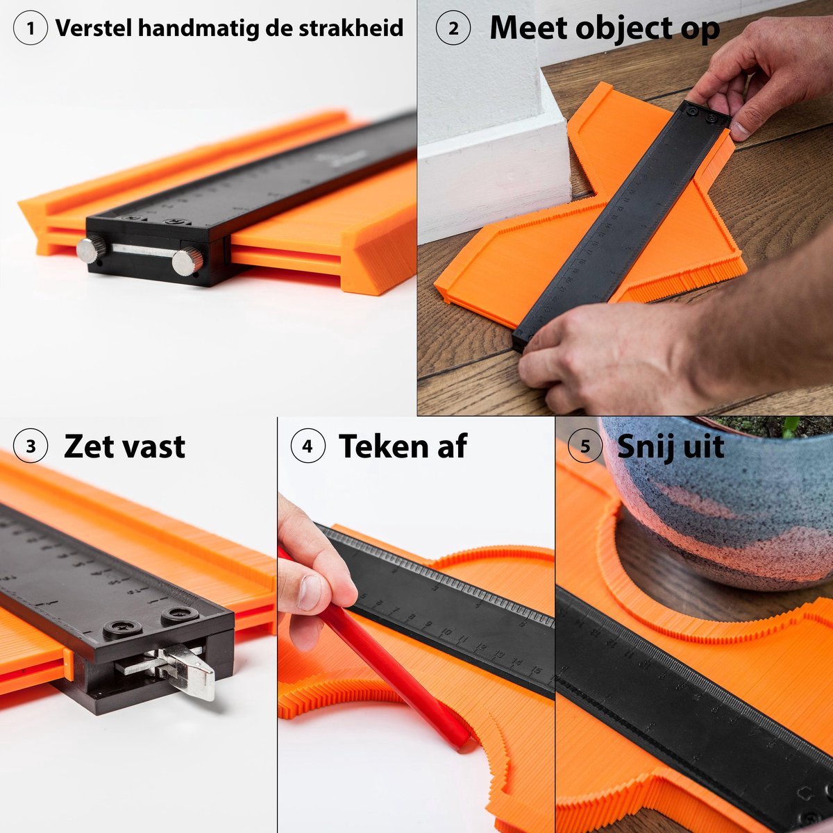 Contourmal groot, 2 stuks, contourmal met vastzetter, 25 12 cm, contourduplicator, contourmeter voor perfect snijden van tegels, hout en laminaatbewerking