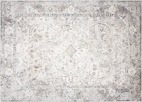 Un tapis beige avec un motif oriental délavé et des accents gris sur les bords.