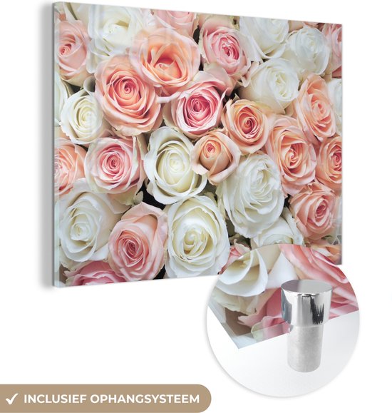 MuchoWow® Glasschilderij 160x120 cm - Schilderij acrylglas - Rozen - Bloemen - Wit - Roze - Foto op glas - Schilderijen
