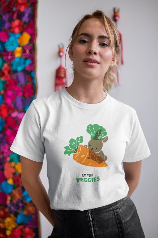 Shirt - Eat your veggies - Wurban Wear | Grappig shirt | Vegan | Unisex tshirt | Dieren | Dierenvriend | Vegan kookboek | Wit