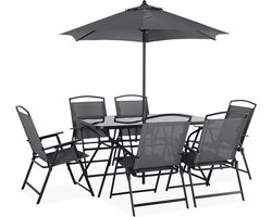sweeek - Tuintafel met 6 stoelen en 1 parasol, antraciet sweeek - Tuintafel met 6 stoelen en 1 parasol, antraciet