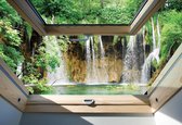 Fotobehang - Vlies Behang - 3D Uitzicht op de Watervallen en de Bergen vanuit het Dakraam - 368 x 254 cm