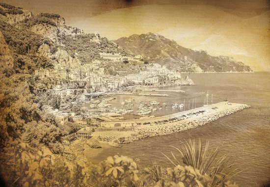 Papier peint photo Peint - Papier Peint Intissé - Ville Pittoresque Vintage au Bord de la Mer - 152,5 x 104 cm