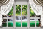 Fotobehang - Vlies Behang - Uitzicht op de Waterval in de Jungle vanuit het Raam 3D - 368 x 254 cm
