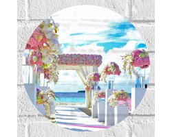 WallClassics - Muursticker Cirkel - Rozekleurige Trouwlocatie aan het Water - 30x30 cm Foto op Muursticker